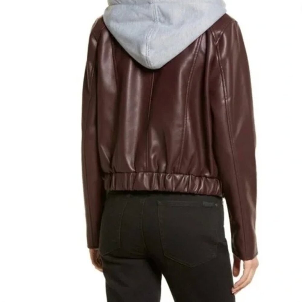 BLANKNYC Burgundy Gray Faux Leather Bomber Jacket w/Removable Hood Size Large - Picture 3 of 9